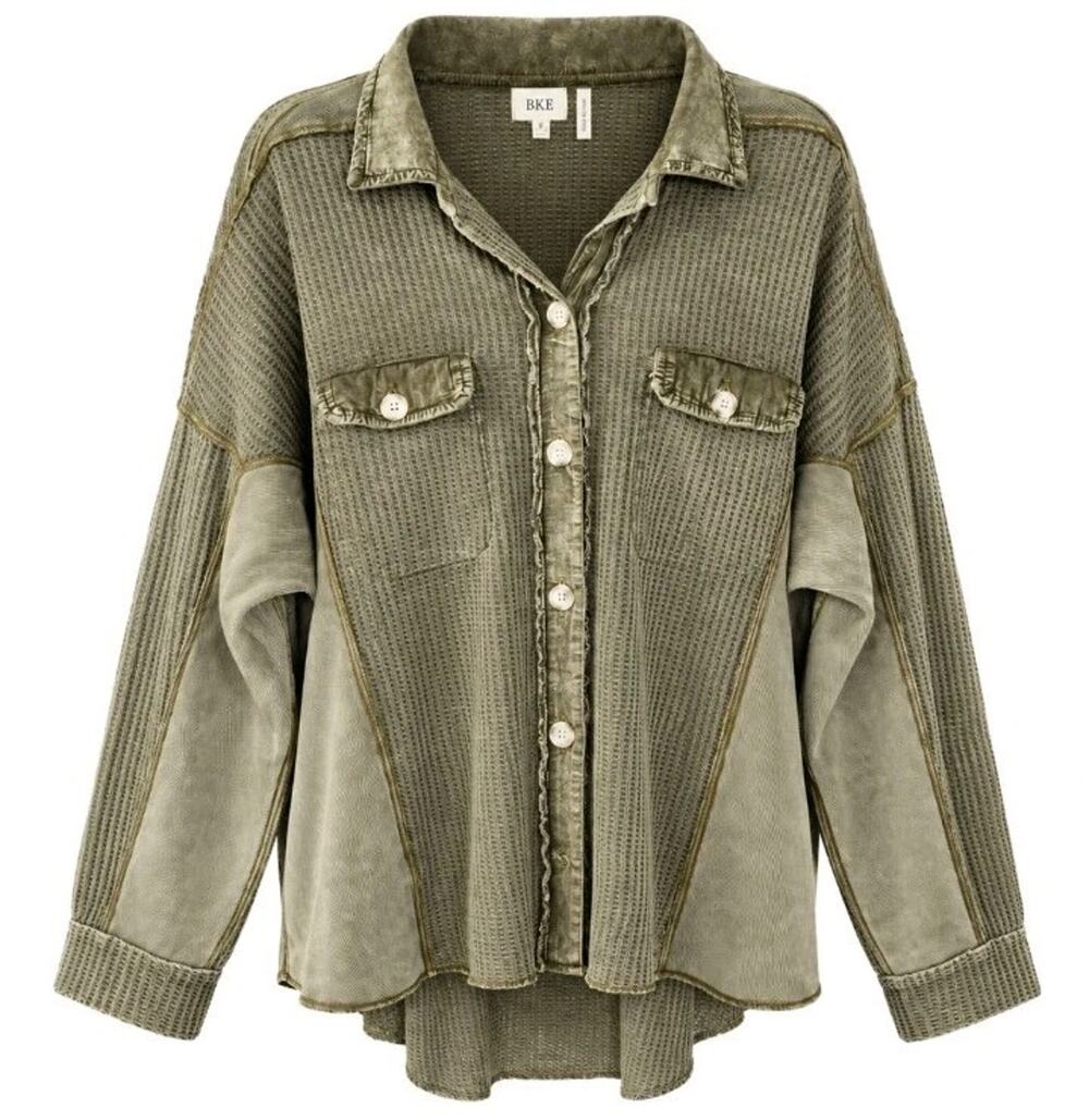 BKE Olive Green Waffle Knit Shirt Shacket Button Down Boho Lagenlook Womens XL